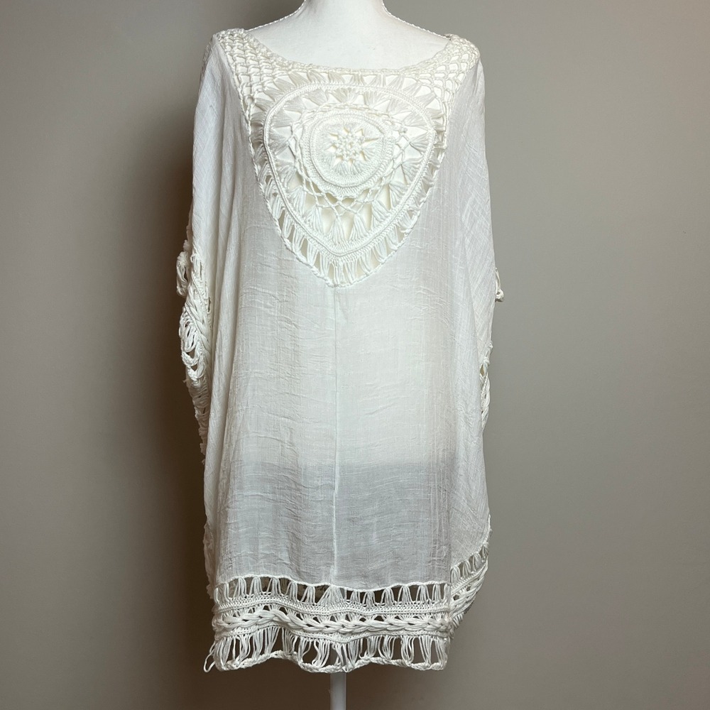 Paradise White Crochet Medallion Boho Beach Cover Up Gauze Tunic Top One Size